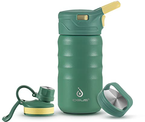IDEUS Botella de agua aislada al vacío, 12 onzas (360 ml) de acero inoxidable de doble pared, cantimplora deportiva de metal con tapón de rosca a prueba de fugas (verde)