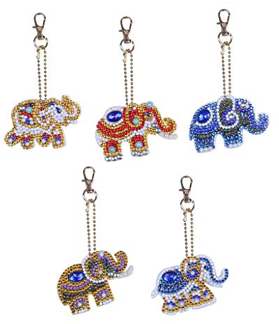Moguxb DIY 5D Elefant Diamant Malerei Schlüsselanhänger 5 Stück Diamond Painting Anhänger Set mit Diamant Malwerkzeug DIY Schlüsselanhänger für Telefon Handtasche Charms Zubehör