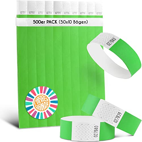 FARBEN BANDE® 500 Einlassbänder Neon Grün/Eintrittsbänder 19mm aus Tyvek/Party Bändchen reißfest, wasserdicht und nummeriert/farbige Partybänder/Einlassbändchen für Party, Festival & Feste