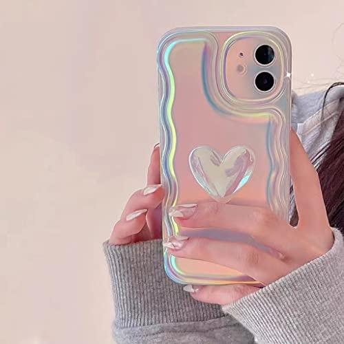 Handyhülle für iPhone 12 Pro Max, Rosa 3D Herz Relief, Cute Y2K Stil | Hologramm-Optik, Wellenrand Design, IMD PC Stoßfest, Farbwechsel Kawaii für Mädchen & Frauen