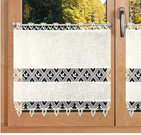 Scheibenhänger Landhausstil Ronja sekt hochwertige Vogtländische Spitze | Scheibengardine mit Käseleinen-Struktur ecru und Spitzenbesatz | feine, zeitlose Blatt- und Ornament-Stickerei HxB 60 x 150