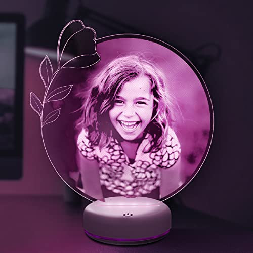 Lampephoto.fr, Lampe photo Personnalisée par gravure laser, Cadeau Photo et Texte Personnalisable, Lampe Photo, objet personnalisé, idée Cadeau de Noël, Anniversaire, cadeau original (rond fleur)