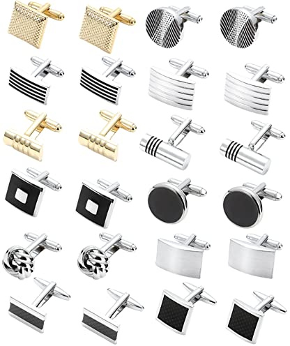SONNYX 12 Pairs Cufflinks for Men Classic Tone Cuff Links Silver Black Striped Disc Square Rectangle Cuff Links Shirt Suit Men’s Cufflinks For Wedding Groom Business