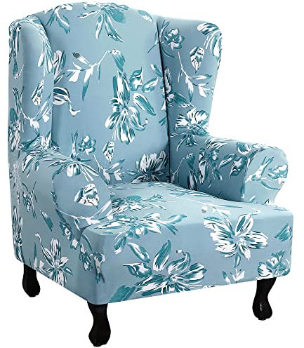 Highdi Ohrensessel Bezug 1-Teilig Elegantes Blumenmuster Sesselbezug, Sesselüberwürfe Ohrensessel Überzug Stretch Sesselhusse mit Armlehne für Relaxsessel, Fernsehsessel (Hellblau)