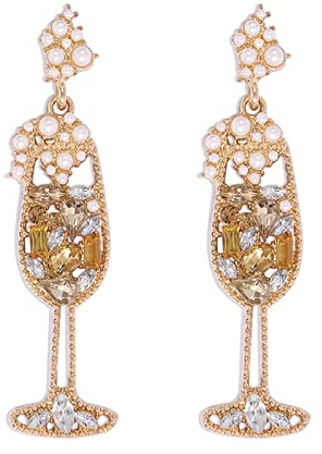 Champagne Earrings for Women Champagne Wine Glass Dangle Earrings Handmade Rhinestones Crystal Pearl Beaded Drop Earrings Bride Earrings Jewelry Gift for Women Girls