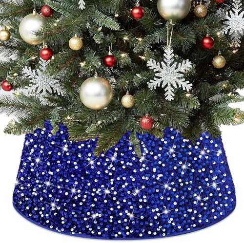 PATYDEST Christmas Tree Collar - Royal Blue Velvet Skirt, 23.6 Inch Dark Blue Trunk Cover for Tree Decorations