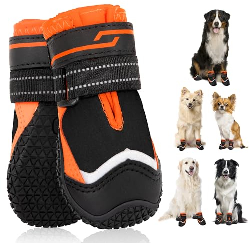 SlowTon Hundeschuhe Pfotenschutz, 2 Stück wasserdichte Hunde Schuhe Outdoor mit rutschfester Sohle, reflektierendem Klettverschluss Hundestiefel für kleine mittlere große Hunde Winter(S-Orange, Size6)