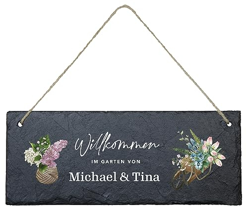 Schiefertafel für den Garten (eckig) | personalisiert mit bis zu zwei Wunschnamen | Türschild zum Aufhängen | individuelle und dekorative Geschenkidee | für Gartenliebhaber