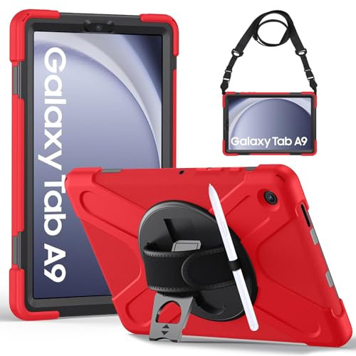 Gerutek Case for Samsung Tab A9 8.7 inch,Shockproof Rugged Galaxy Tab A9 Protective Case kids with 360° Rotating Stand/Hand & Shoulder Strap Bumper Hard Strong Cover for Samsung Galaxy a9 Tablet, Red