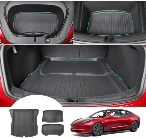 [3 Stück] GAFAT Tesla Model 3 2024 2025 Kofferraummatte Vorne und Hinten, TPE Allwetter-Kofferraumwanne für Model 3 Highland, Hohe Kante Original 3D-Scannen, Leicht zu Falten, Multifunktion Matten