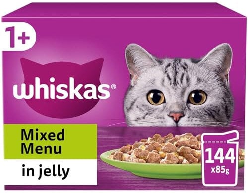 Whiskas 1+ Mixed Menu in Jelly, 144 x 85g Pouches, Adult Wet Cat Food