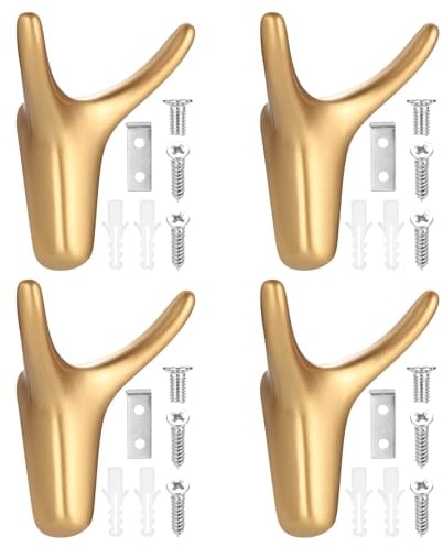 HAOCHEN 4 Stk Garderobenhaken, Kleiderhaken Wandhaken, Doppelhaken zum Schrauben, Wand Metall Garderobe Haken für Schlafzimmer Badezimmer Kleiderschrank Wohnzimmer Küche Haken (golden)