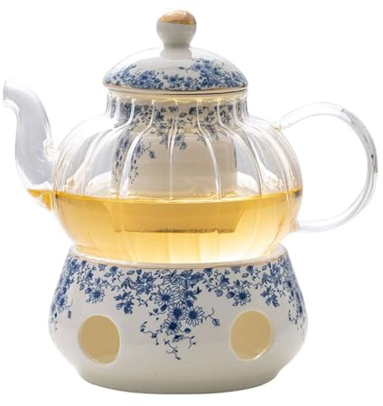 TYMYYS Ceramic Teapot And Heater, Ceramic Teapot With Infuser, Glass Tea Set For Afternoon Tea, Tea Warmer Stand(Without Candle)-little blue flower-base&teapot, FK2BCC222B9922C