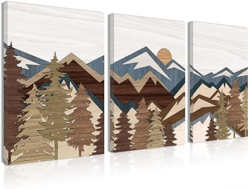BINCUE Bergwald Wanddeko,Berge Wandbilder,Boho Leinwand Wandkunst,Abstrakte Sonne Wald Bilder Wohnzimmer,Modern Berg Wald Landschaft Bilder für Schlafzimmer Küche Badezimmer Deko(16X12 zoll)