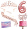 Rose Gold 6th Birthday Decorations for Girl - Sash, Tiara, Cake Topper, Balloon, Candle