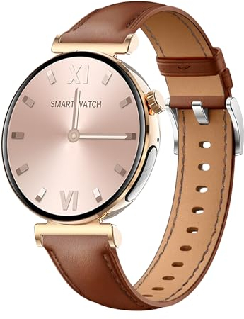 Knauermann Pro 3 Mini (2024) Or - Montre connectée avec Fonction téléphonie - ECG + HRV et SOS - Écran AMOLED - BT Bluetooth - Apnée du Sommeil - Bracelet en Cuir de Vachette Marron - 14-24, Rond,