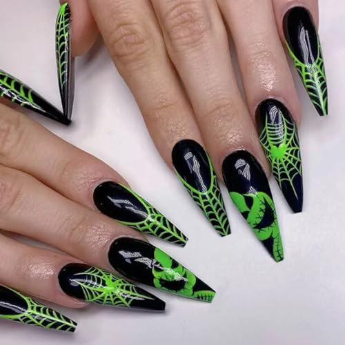 Ztcily 24 Pcs Faux ongles Halloween, Faux ongles French Long Noir et Vert Cercueil, Faux Ongles avec Colle Pour Femme, Faux ongles Fêtes
