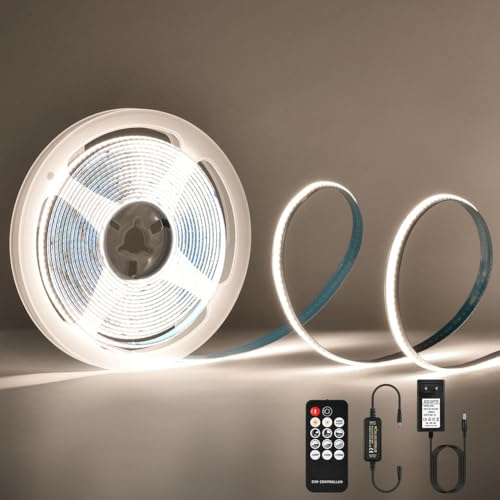 URAQT COB LED Streifen,4000K LED Strip Warmweiss 5M Dimmbarer DC 24V Flexibles LED Band Selbstklebend Wasserdicht DIY Superhelle COB LED Beleuchtung mit Fernbedienung und Netzteil 8 mm Breite CRI > 90