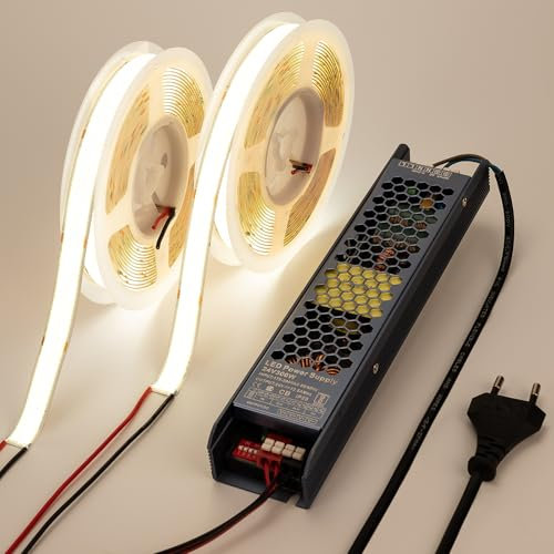 BENLUN 15MM Larghezza Striscia LED COB 24V 10 metri (5 metri×2), 4000K Bianco Naturale Alta Luminosità 25W/M 2750LM/M 960LEDs/M Strisce LED da Interno, Luci LED con Alimentazione e Spina