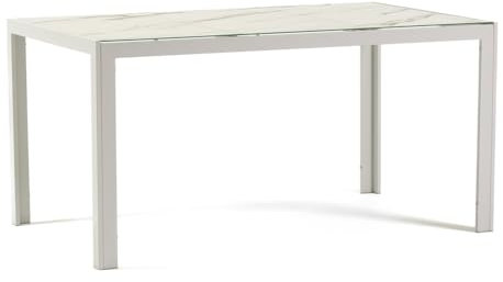 Milo - Rechteckiger Tisch 150x90 cm für drinnen und draußen, lackiertes Aluminium, dekoriertes Glas, anpassbar für Küche, Esszimmer, Terrasse, Garten für 6 Personen (Weißer Marmor, Beine Weiß)