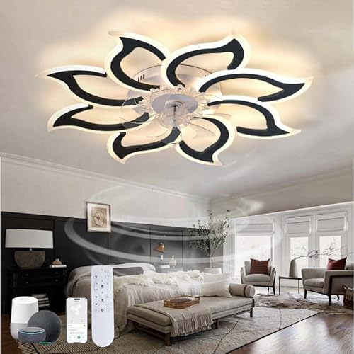 Caufloce Groß Deckenlampe mit Ventilator LED Schlafzimmer kompatibel Alexa Dimmbar Deckenventilator mit Licht Reversibel Leise Lampe mit Ventilator Blume Smart 6 Gang für Wohnzimmer, Salon-Schwarz