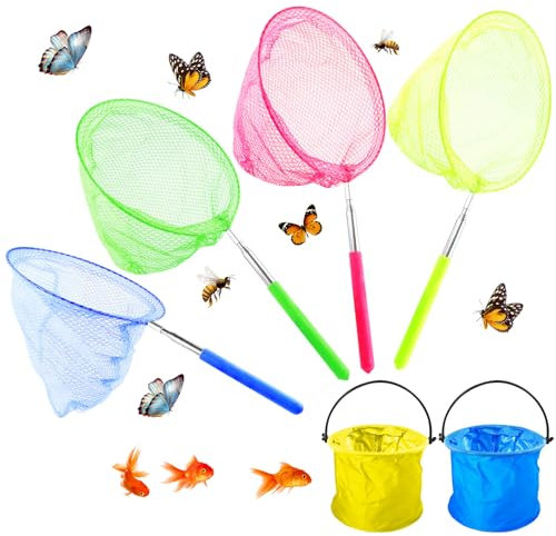 Realure 4 Piezas Redes de Mariposa Telescópicas Kit, 36-83.5 CM Redes Telescópicas Mariposas Insectos Rede con 2 Piezas Cubo de Agua Plegable para Atrapar Insectos, Mariposa, Peces Pequeños