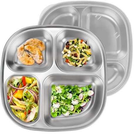 Linkidea 2 Stück Portionskontrollteller aus Edelstahl, 3-fach unterteilte Teller mit Deckel, unterteilte Teller für Erwachsene, geeignet für Diät-Lebensmittelkontrolle, Camping-Einsatz (vier Gitter)