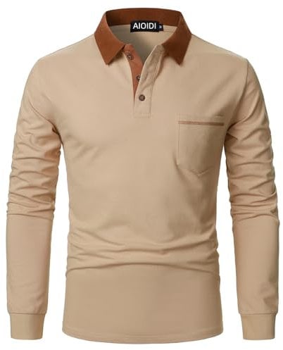 AIOIDI Polos Hommes Adultes Manches Longues Hauts en Coton T Shirt de Golf avec Poche Réelle Kaki M