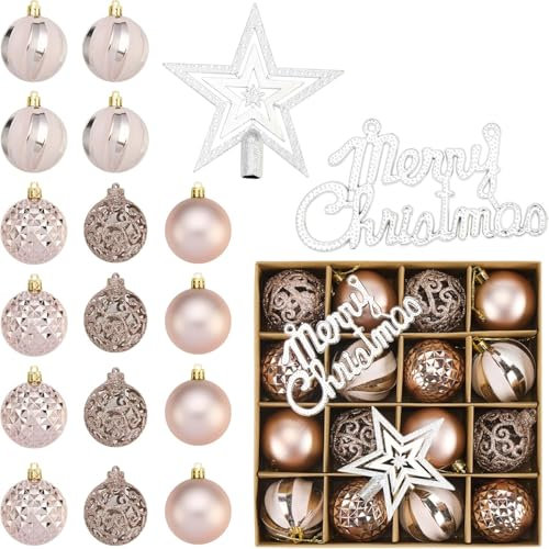 Top Sale 18 Pieces 6 Designs Shatterproof Christmas Tree Hanging Baubles - in Matte, Glitter & Shiny Finish - 60 MM - Rose Gold Pink