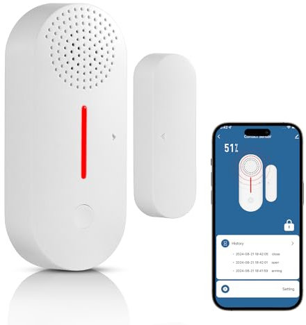 Fuers Sensor Puerta WiFi Alarma Puerta 115 dB Sensor Apertura Puerta Alarmas para Puertas con Sirena Sensores Puertas y Ventanas con App ON/Off, Temporizador, Sensor de Puerta para Casa, Garaje