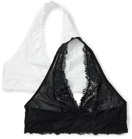Amazon Essentials Women's Non-Padded Wireless Deep V-Neck Halter Bralette, Soft-Stretch Lace, Pack of 2