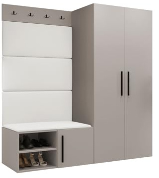 Mirjan24 Garderoben-Set Mapreni I, Schuhschrank + Kleiderhakenbrett + Kleiderschrank Gepolstertes Paneel/Wandpaneel Kleiderhaken Flurgarderobe Wandgarderobe (Cashmere, Soft 017)