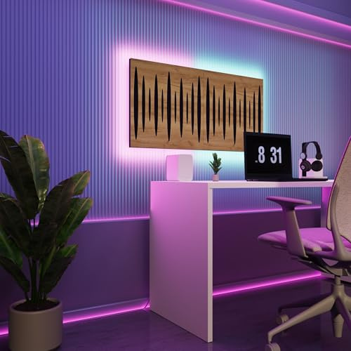 Acoustic Wall Panels with RGB LED Strip – Sound Absorbing Foam Panels with Backlight – Echo Control & Ambient Lighting for Studio, Gaming, Podcast | Type: [2x PULSAR – Grouped | Oak]