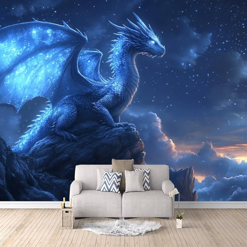 3D Fototapete Blauer Westlicher Drache 300x210 cm 3D Wandbild Tapete, Modern Vlies Motivtapeten, Sternenhimmel Nachtansicht Groß Foto Tapete, Schlafzimmer Wohnzimmer Büro Wandtapete Deko.