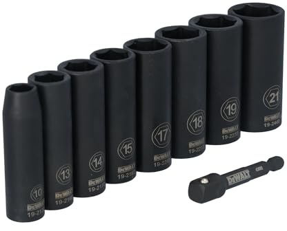DEWALT 3/8 Impact Socket Set, 9 Pieces, 6 Points, 10 mm to 21 mm, Includes 1/4 Adapter, for Cordless and Wired Impact Drivers (DWAFSMSET9)