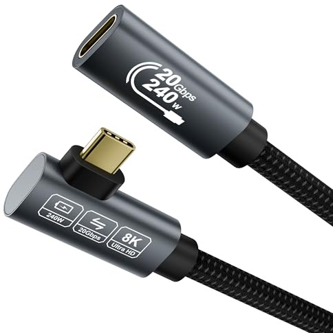 EUDOBEL 240W USB C Verlängerung 0,5m (USBC 3.2 Gen 2×2 20Gbps, Winkel 90 Grad) Video 8K@30Hz, 4K@144 Hz/60Hz USB C Verlängerungskabel für Thunderbolt 4, PSVR2, iPad, MacBook, Hub, Docking Station