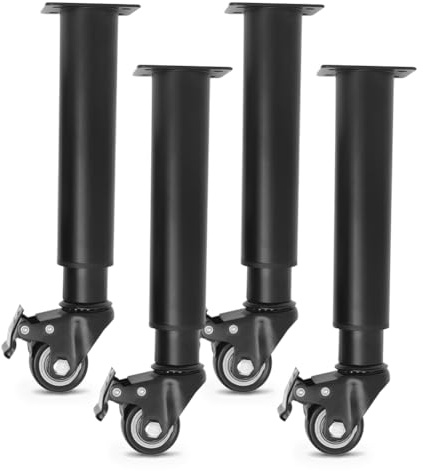 EUBSWA Lot de 4 pieds de meubles réglables en hauteur avec roulettes de 315 à 450 mm, noirs, en métal, réglables en hauteur pour pieds de meubles, pieds d'armoire, pieds de table, pieds de commode
