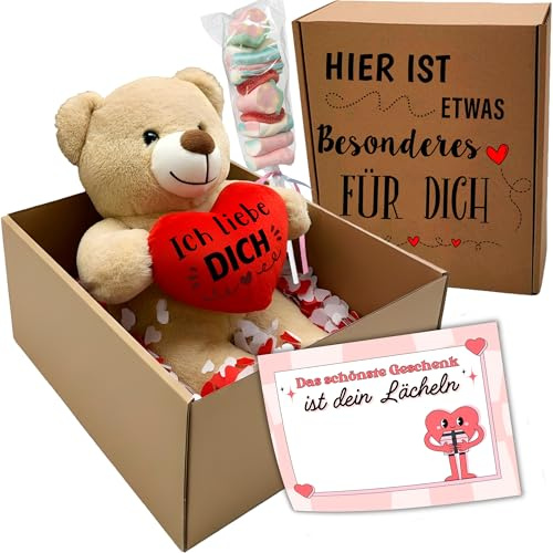 Peluchilandia Geschenk für Freundin – Süßer Teddy Bär mit Herz in Geschenkbox, Romantische Überraschung für den Partner, Ideal zum Geburtstag oder für Verliebte