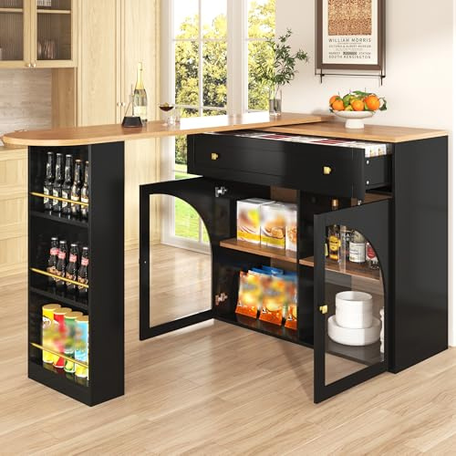 Ausziehbarer Bartisch 360° Drehbares Sideboard Essbar, Modernes Multifunktionales Bar Tisch aus Holz, 138-204cm, mit Schubladen und Stauraum Regal Glastür, für Küche, Wohnzimmer, Esszimmer (D-Schwarz)