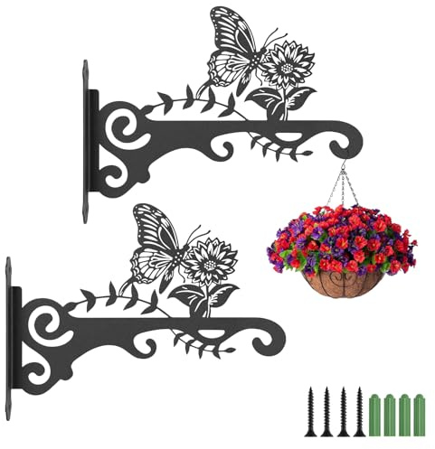 APXEL Supports de Panier Suspendu, 2 Pcs Support Crochet Plante 30cm, Crochet Mural Pot Fleurs pour Intérieur et Extérieur, Antirouille pour Plantes, Mangeoires à Oiseaux et Lanternes, Papillon