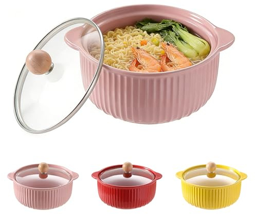 LUPATDY Auflaufform Keramik 800ML, Keramische Ramen Schüssel mit Deckel, Runde Backformen mit Griffen für Lasagne, Ramen, Backen, Salat, für Heißluftfritteuse, Backofen, Mikrowellenherd, Rosa