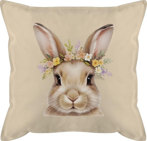 Kissen 50x50 - Hase mit Blumenkranz süß I Hasen Ostern Hasenmotiv Frühling I Häschen Geschenk Hasenliebhaber Ostern Geschenke Hasen - 50 x 50 cm - Beige Natur - osterhasen kaninchen osterhase