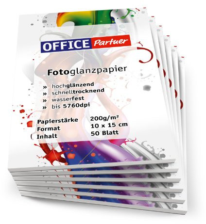 300 Blatt OFFICE-Partner Premium Fotopapier 10x15cm 220g / m² weiß, hochglänzend, wasserfest