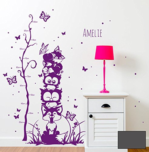 Wandtattoo Wandaufkleber Eulen Füchse Baum Ranke Messlatte für Kinder mit Wunschnamen M1732 - ausgewählte Farbe: *Dunkelgrau*