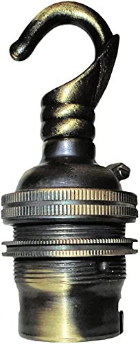 1 Pack Traditional Earthed Solid Brass Lampholder with Shade Retaining Ring and Metal Deco Styled Hook in a Brushed Antique Finish - no lacquer | B22 | B22D | Bayonet Cap