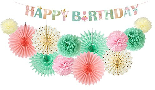 Easy Joy 13 Stück Pastell Geburtstagsdeko,Happy Birthday Girlande Geburtstag Party Zubehör,Deko Geburtstag Mädchen,Pompons Deko,Kinder Geburtstagsfeier Partydekoration