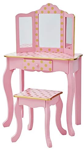 Teamson Kids Princess Gisele Polka Dot Print 2-Piece Kids Wooden Play Vanity Set with Vanity Table, Tri-Fold Mirror, Storage Drawer, and Matching Stool, Pink with Gold Polka Dot Accent