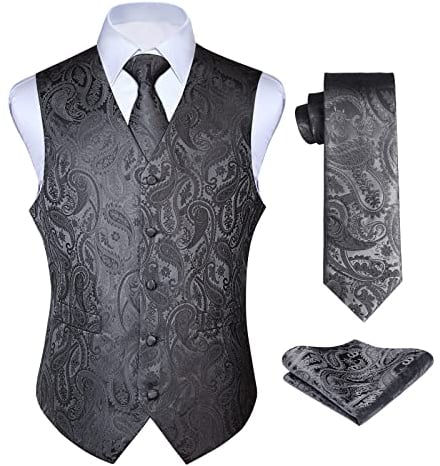 Enlision Anzugweste grau Herren Hochzeit Paisley Westen und Krawatte Einstecktuch Party Floral Jacquard Anzug Weste Set M