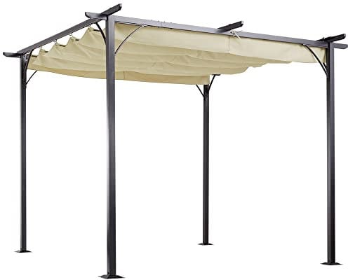 Outsunny Pérgola de Jardín 3x3m Gazebo Cenador para Exterior con Techo Retráctil Tela Poliéster Impermeable y Anti-UV para Patio Terraza Beige
