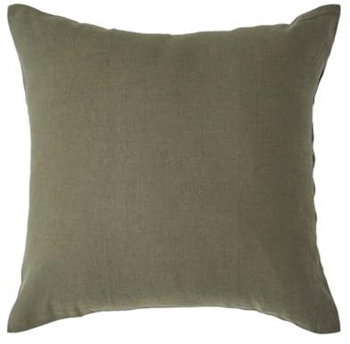HOMESCAPES Luxury Soft European Linen Pillowcase Plain Dark Green Continental Textured Natural French Flax Fibre Linen & Pure 100% Cotton Blend Khaki Green Square Pillowcase, 40 x 40 cm